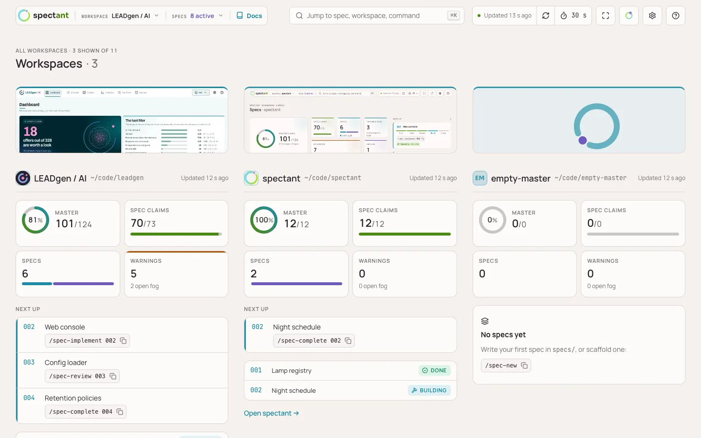 Workspace-Übersicht: jedes registrierte Repository als Karte mit Master- und Spec-Claims, Specs, Warnungen und Next up