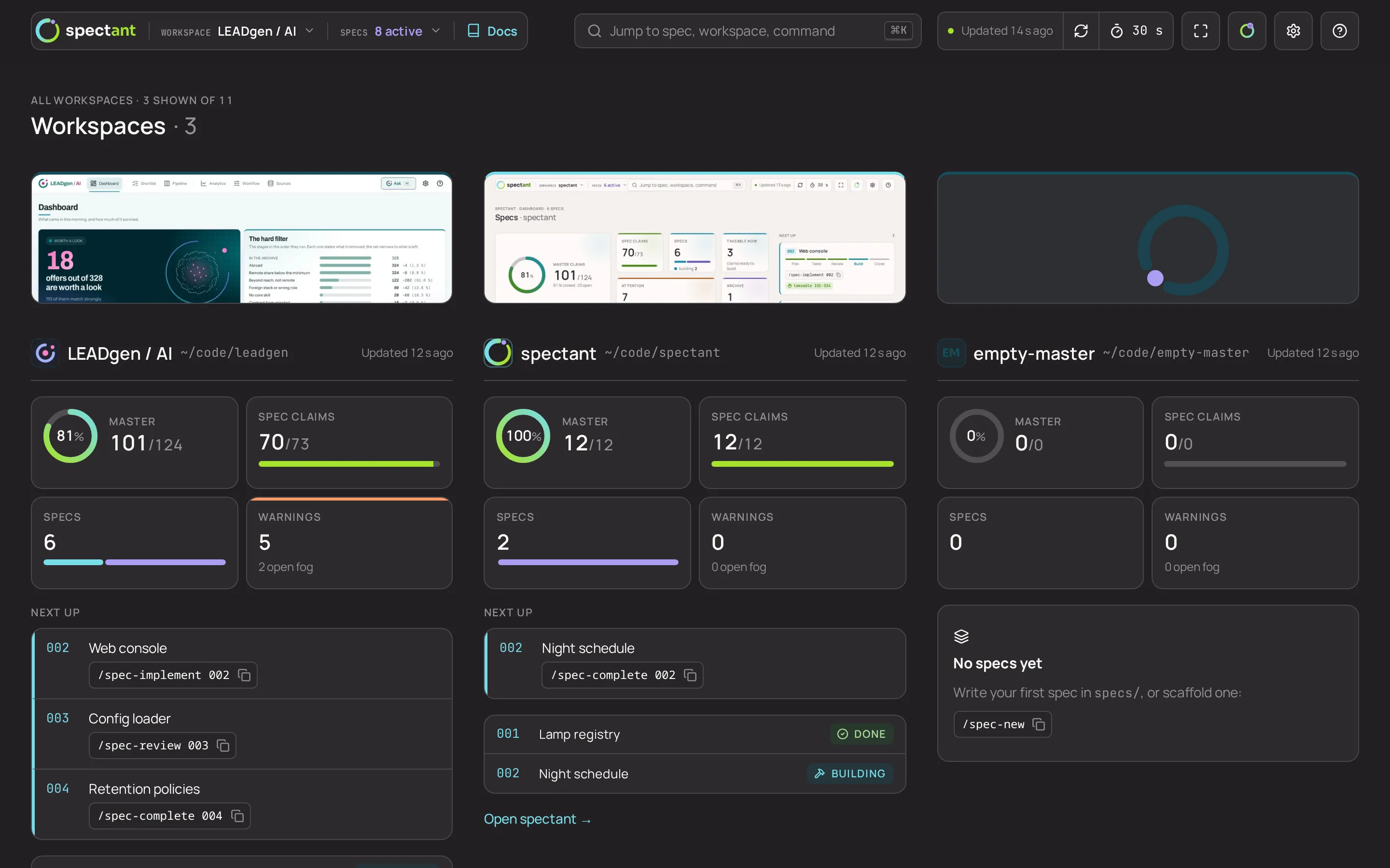 Workspace overview: every registered repository as a card with master and spec claims, specs, warnings and next up