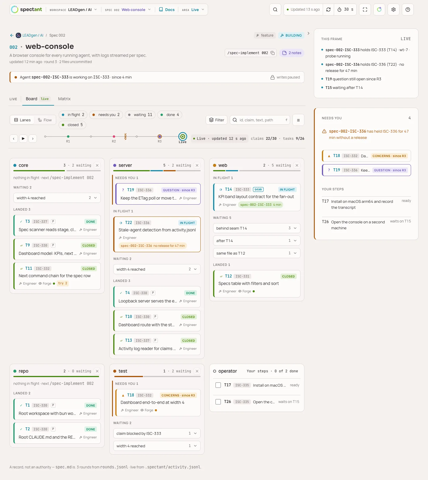 Live-Board: eine Lane pro Spalte, in Arbeit, wartend und gelandet, mit Needs-you-Leiste