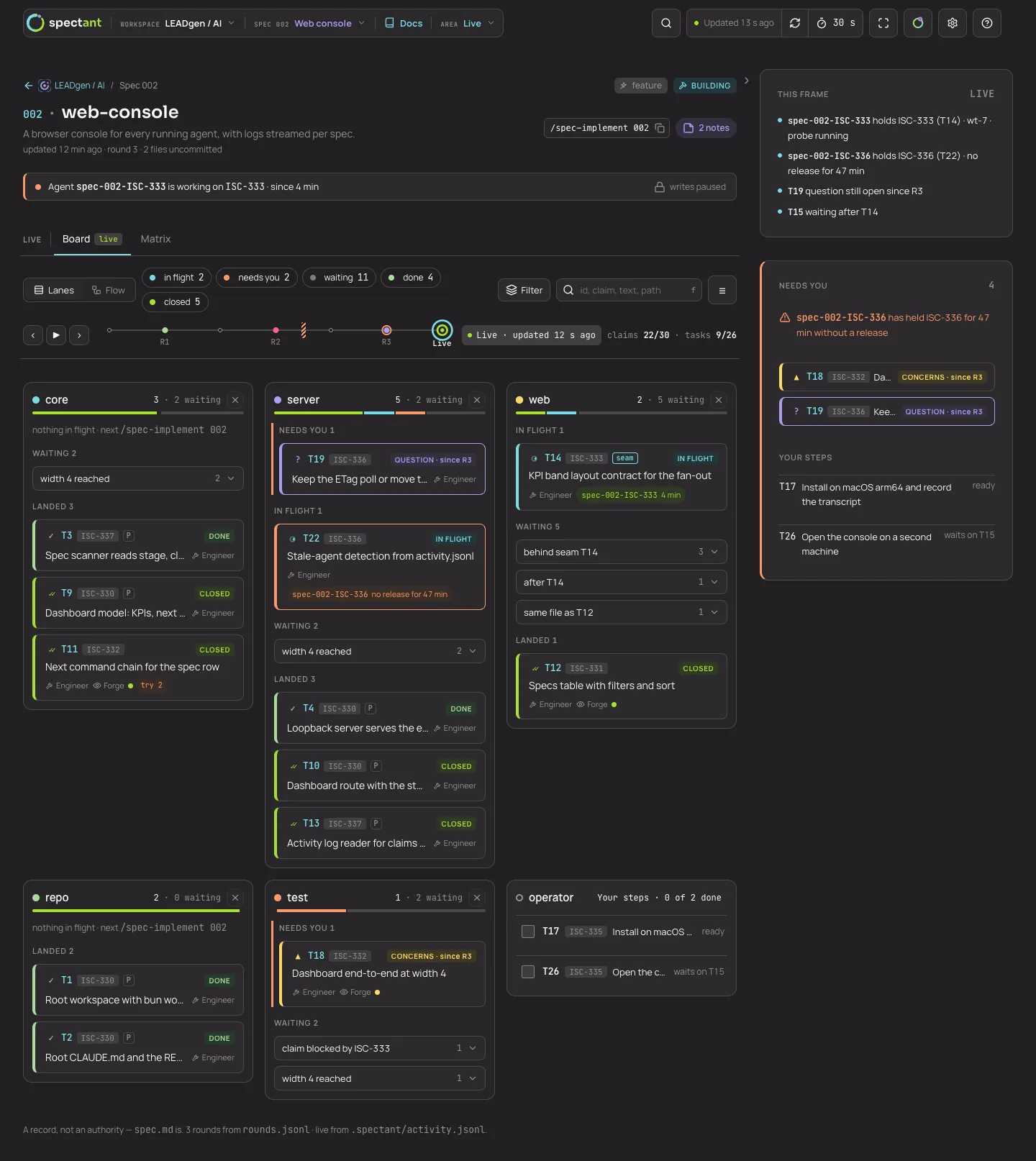 Live board: one lane per column, in flight, waiting and landed, with a needs-you rail