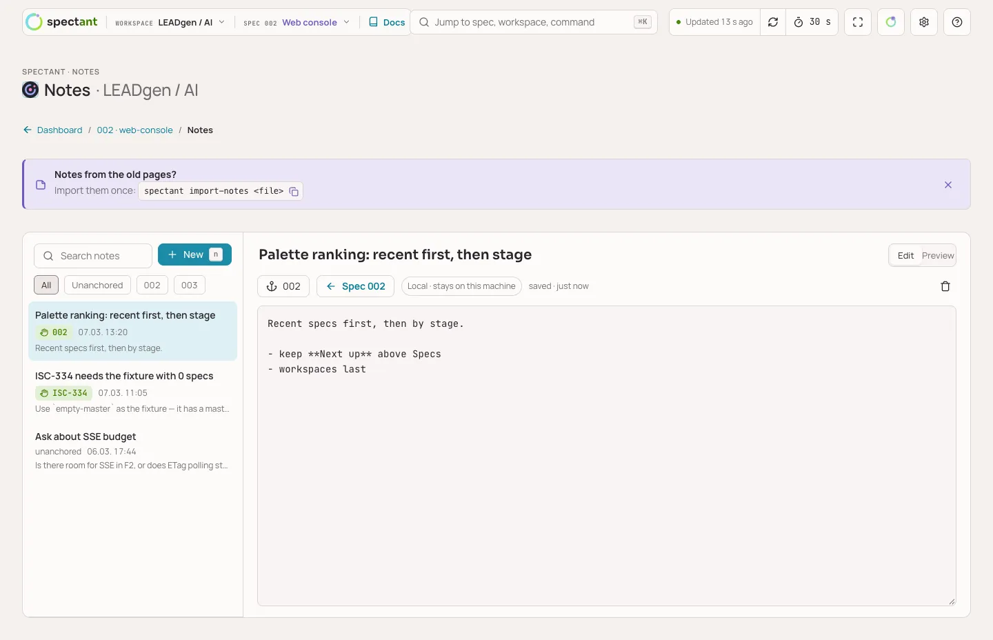 Notizen: Workspace-Notizblock mit Ankern zu Spec, Claim oder Task