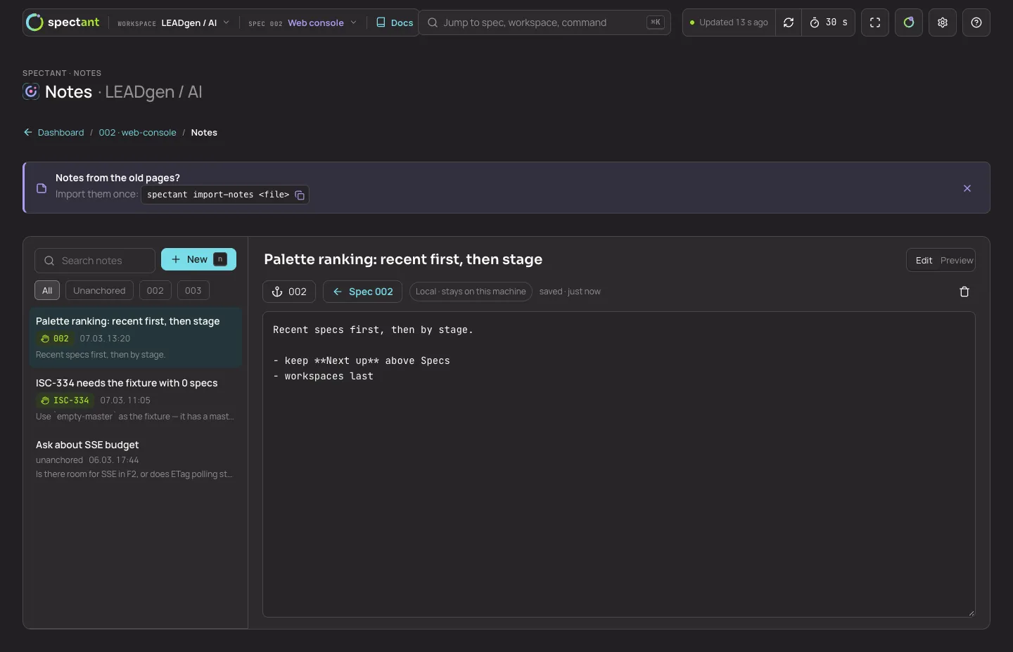 Notes: workspace notepad with anchors to a spec, claim or task
