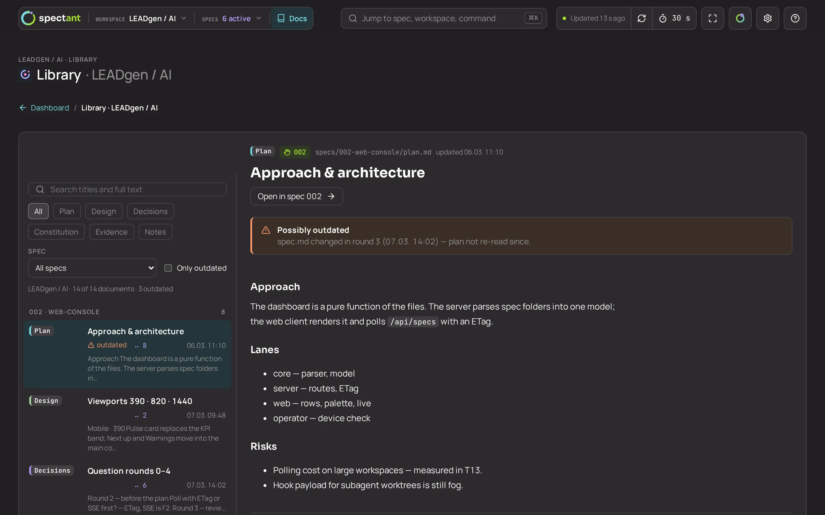 Library: every plan, design, decision and note of a workspace, searchable, with outdated documents flagged