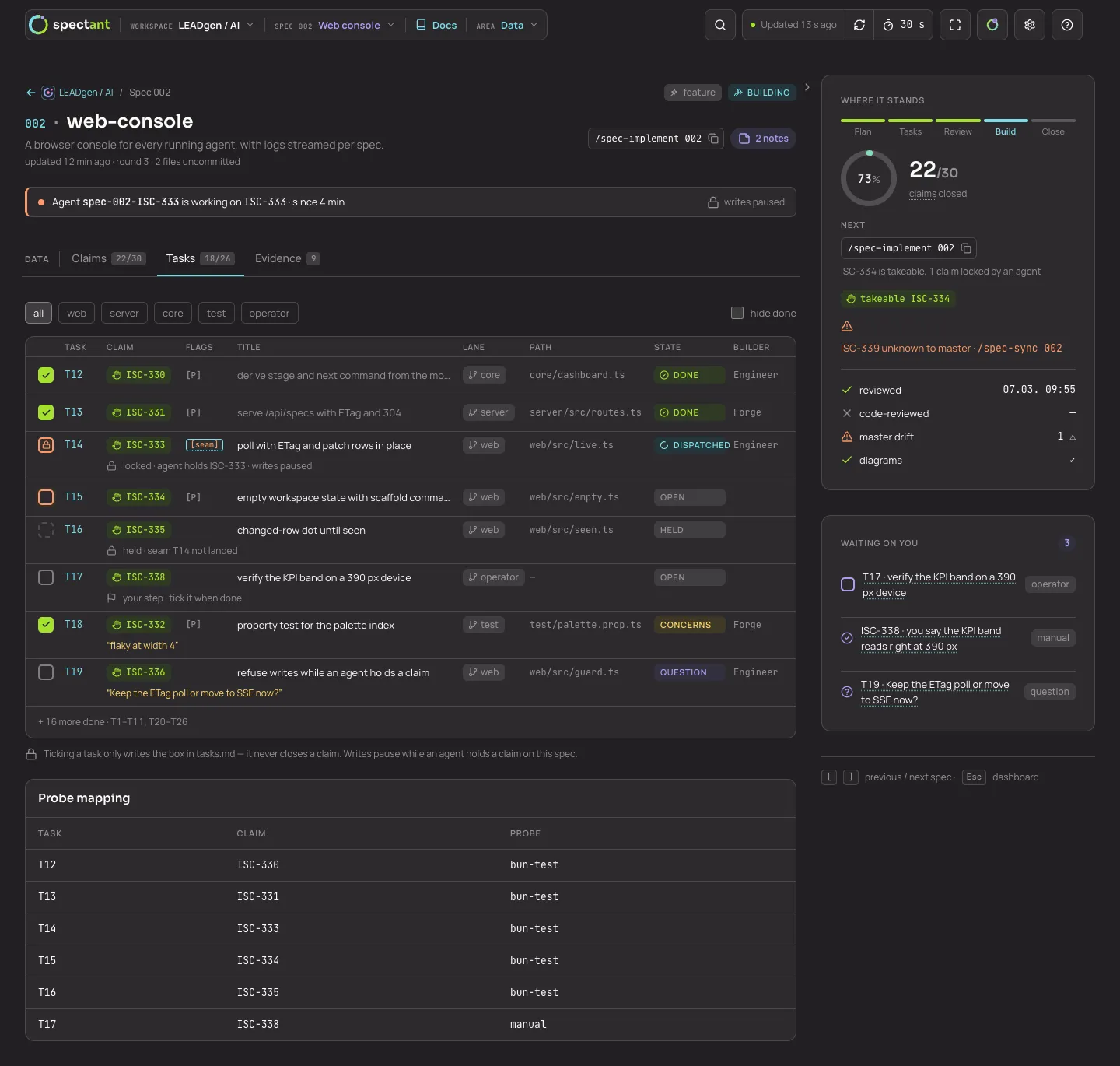 Tasks tab: checkbox states, lane and state chips, probe mapping