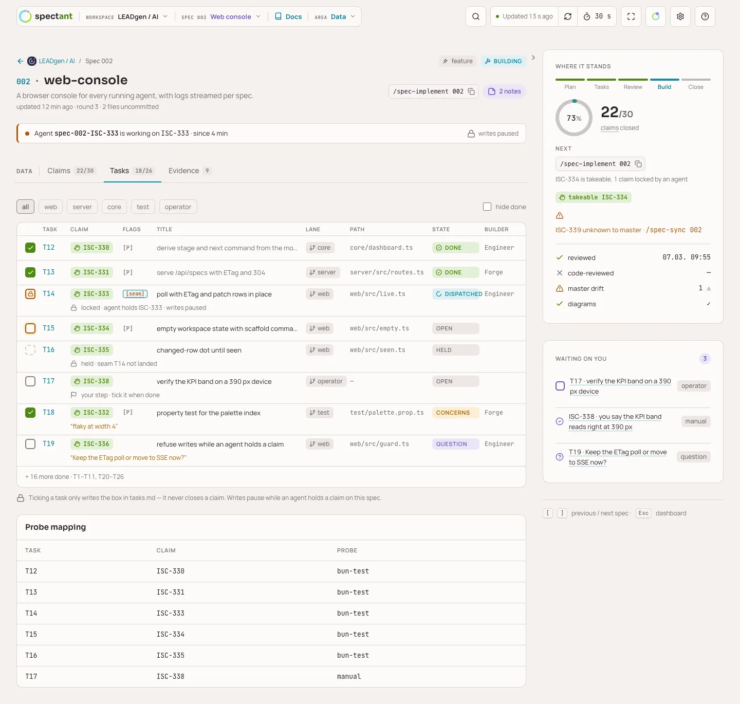 Tasks-Tab: Checkbox-Zustände, Lane- und Status-Chips, Probe-Zuordnung