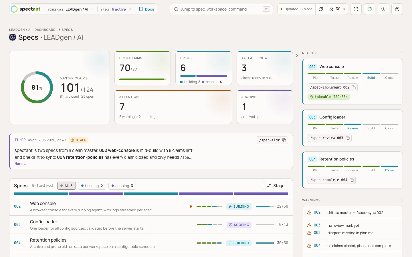 Workspace-Dashboard: Master- und Spec-Claims, was jetzt baubar ist, Next up mit dem nächsten Befehl, TL;DR, Spec-Liste und Warnungen